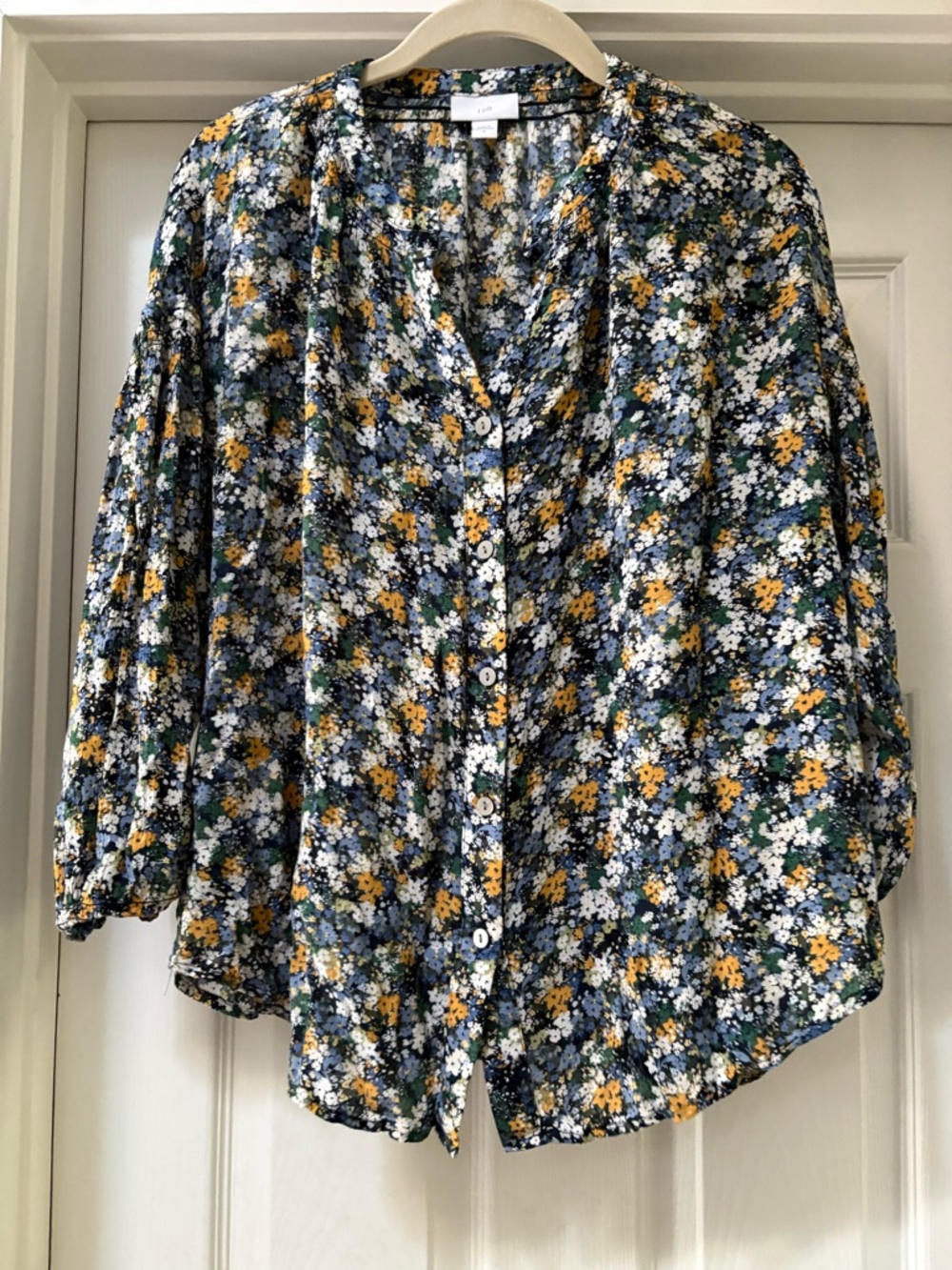 J. Jill Navy Floral Button-Down Shirt with Yellow & White Blooms